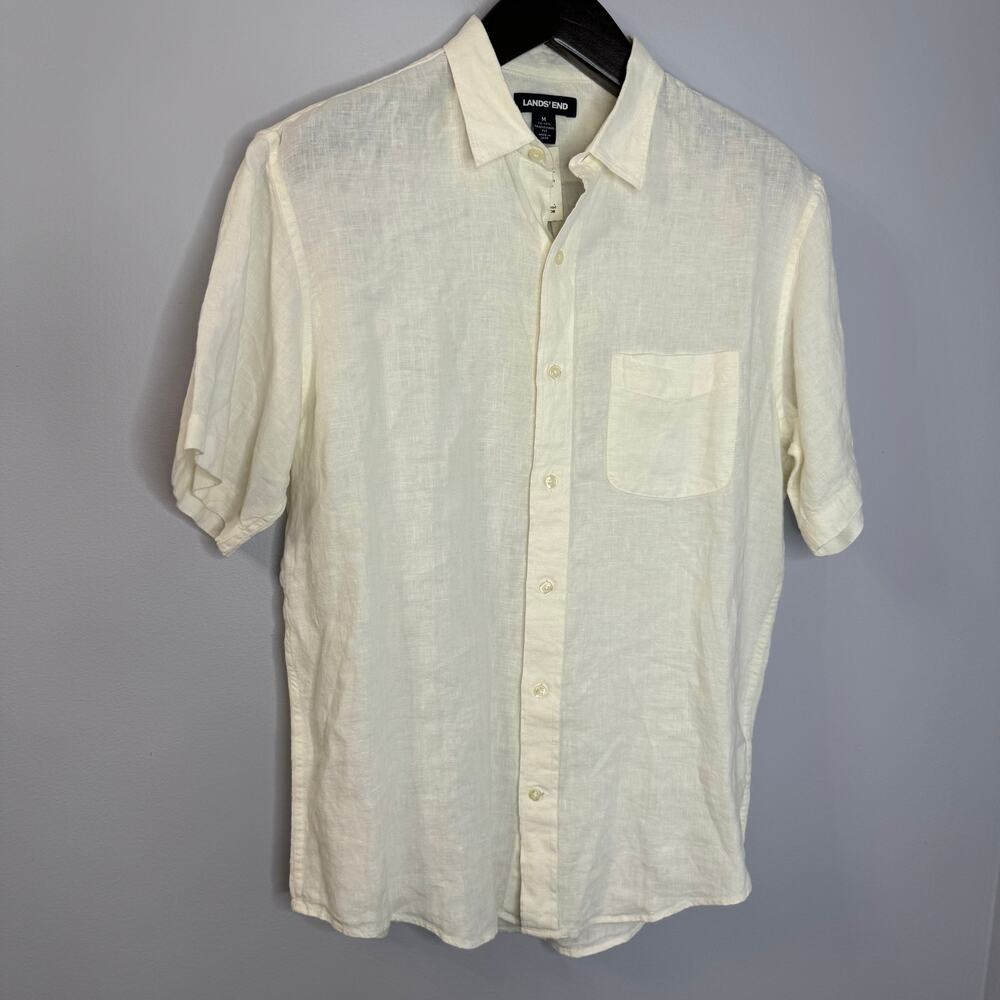 Lands' End Cream Linen Short Sleeve Shirt Beach Vacation Coastal Men's M New - Picture 4 of 11